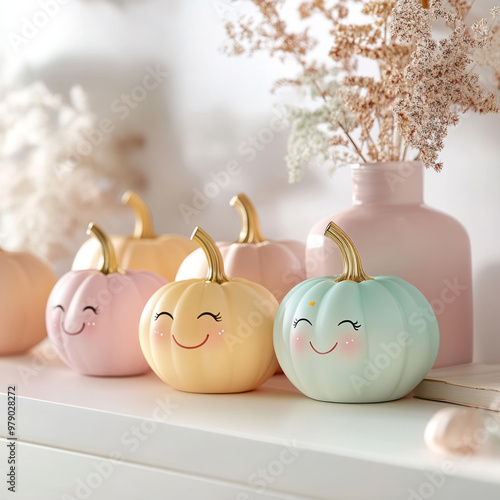 colorful pumpkins with smiley faces for room decoration photo