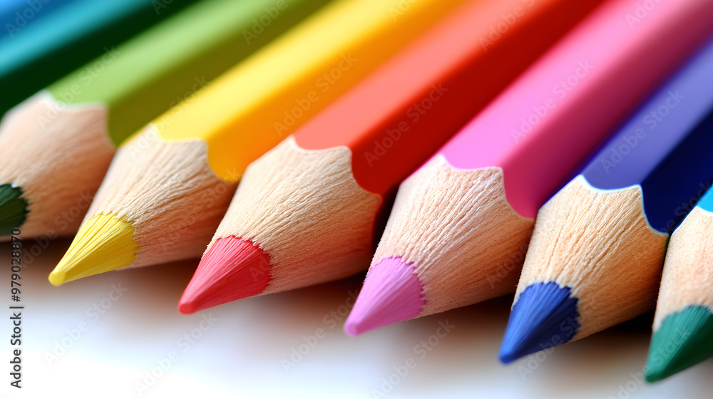 Obraz premium A close-up image of vibrant, sharpened color pencils. School theme
