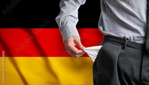 Close-up of a hand in a suit showing an empty pair of pants on the German flag.Theme crisis and unemployment in Germany.
