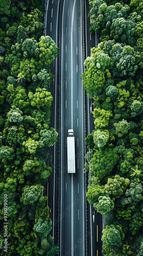 Aerial view of a truck on the road in the forest Aerial view of a truck on the road in the forest