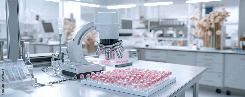Modern laboratory interior with microscope and sample plates, ideal for science and research themes. Modern laboratory interior with microscope and sample plates, ideal for science and research themes.