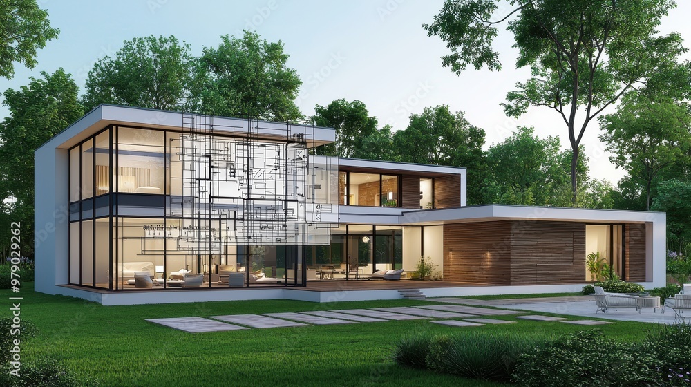 Fototapeta premium Modern House with Floor Plan and Landscape Design