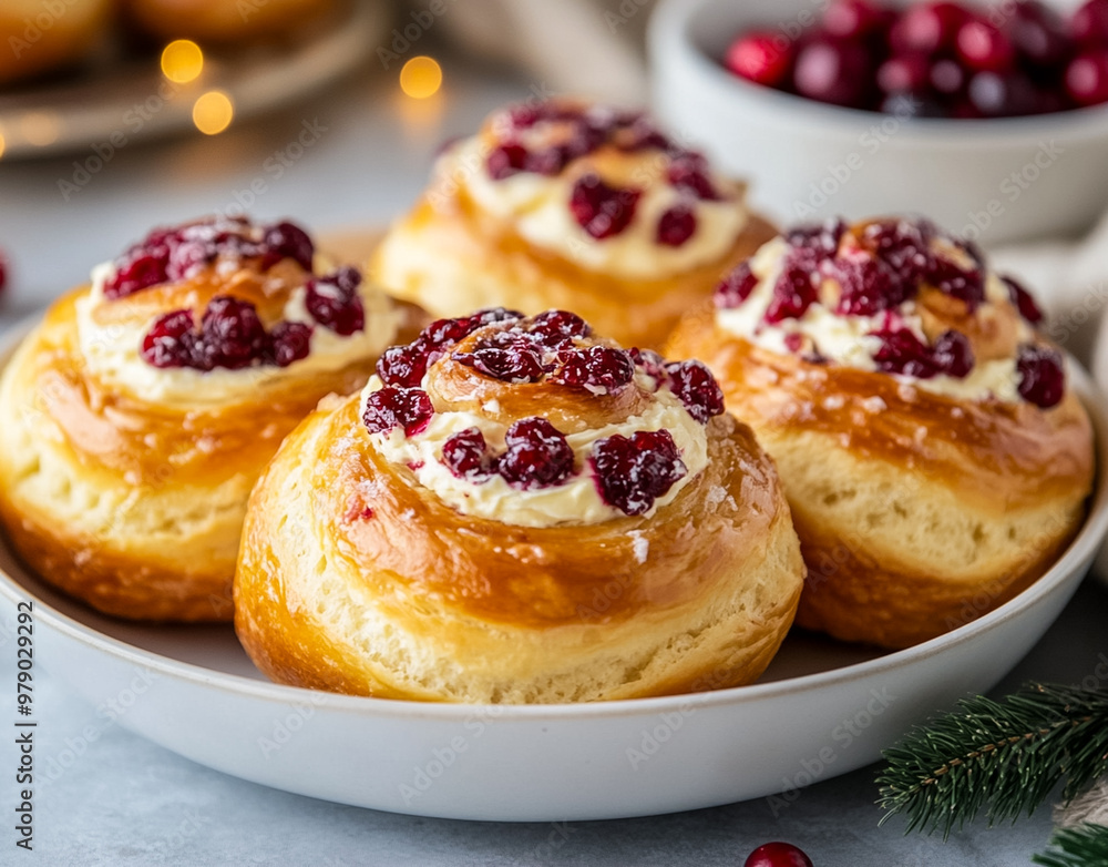 Cranberry cream cheese buns in white bowl. Cranberry cream cheese buns in white bowl.