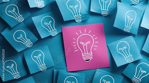 A pink sticky note with an idea bulb on it, surrounded by blue post-it notes filled with white drawings of light bulbs