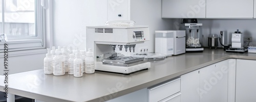 Modern kitchen with espresso machine and blenders, highlighting a clean, minimalist design and coffee preparation setup.