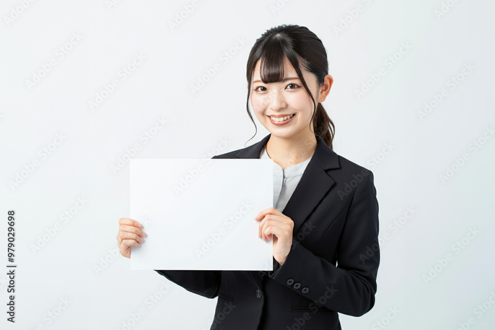 白紙の紙を正面に持つスーツの女性 白紙の紙を正面に持つスーツの女性
