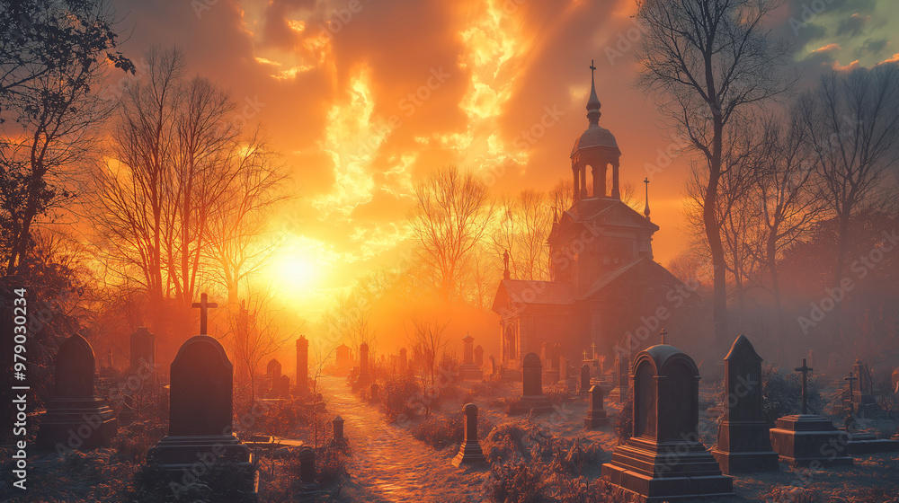 Obraz premium Abstract Eerie Cemetery at Sunset - A Hauntingly Beautiful Scene