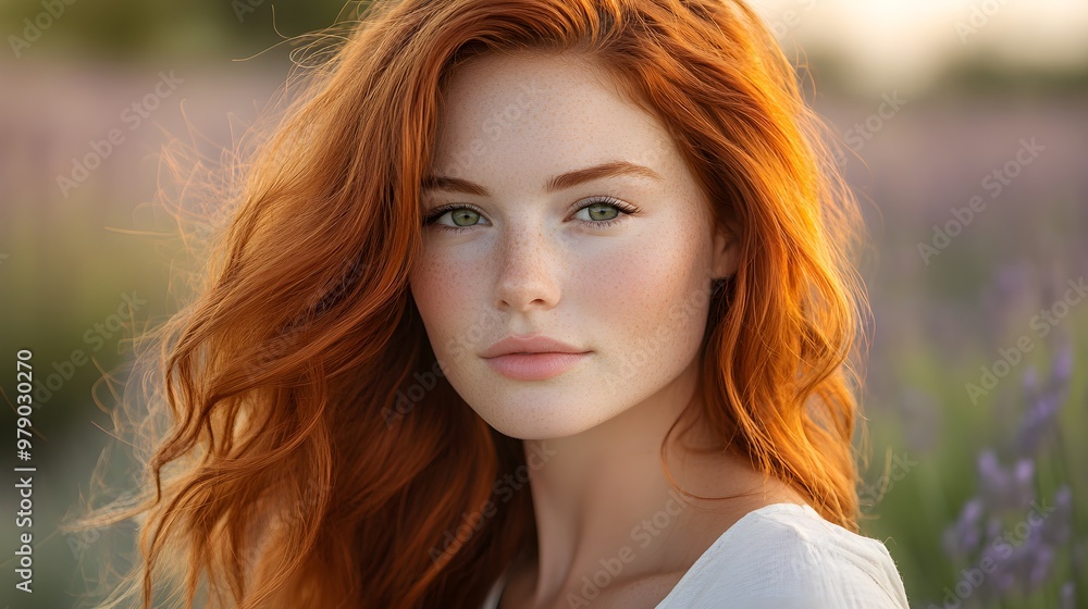 A serene portrait of a young woman with vibrant red hair flowing in the wind, her piercing green eyes reflecting the calm lavender fields behind her, natural lighting A serene portrait of a young woman with vibrant red hair flowing in the wind, her piercing green eyes reflecting the calm lavender fields behind her, natural lighting