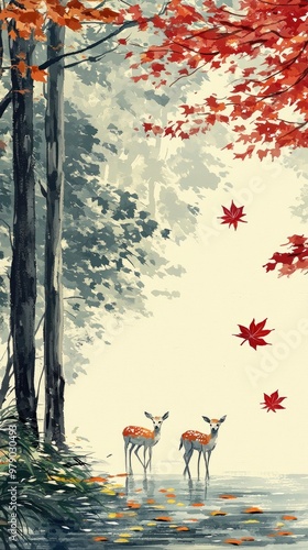 Two Deer in a Misty Forest with Red Leaves photo