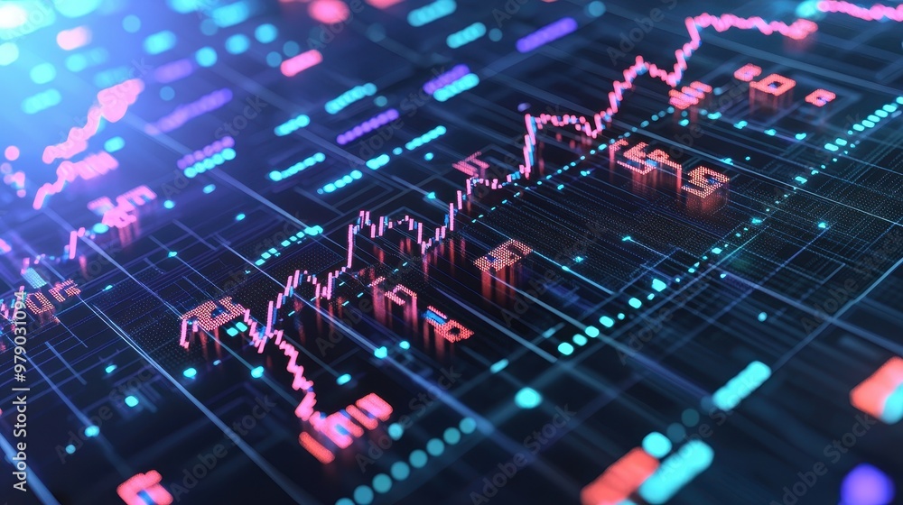 Digital Stock Market Chart with Rising Trend and Glowing Data Digital Stock Market Chart with Rising Trend and Glowing Data