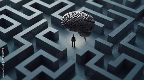 A maze in the shape of an open brain with a person standing at the entrance, a concept for mental health or the idea of the thought process and creative thinking