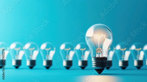 A group of light bulbs standing in rows, with one bulb glowing brightly while the others stand apart