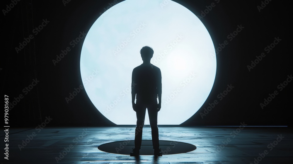 Obraz premium The person is placed against a contrasting black background with a large white circle behind them, creating a stark contrast