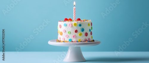 A small cake with colorful sprinkles and one candle on top, set against a blue background for a first birthday celebration.  photo