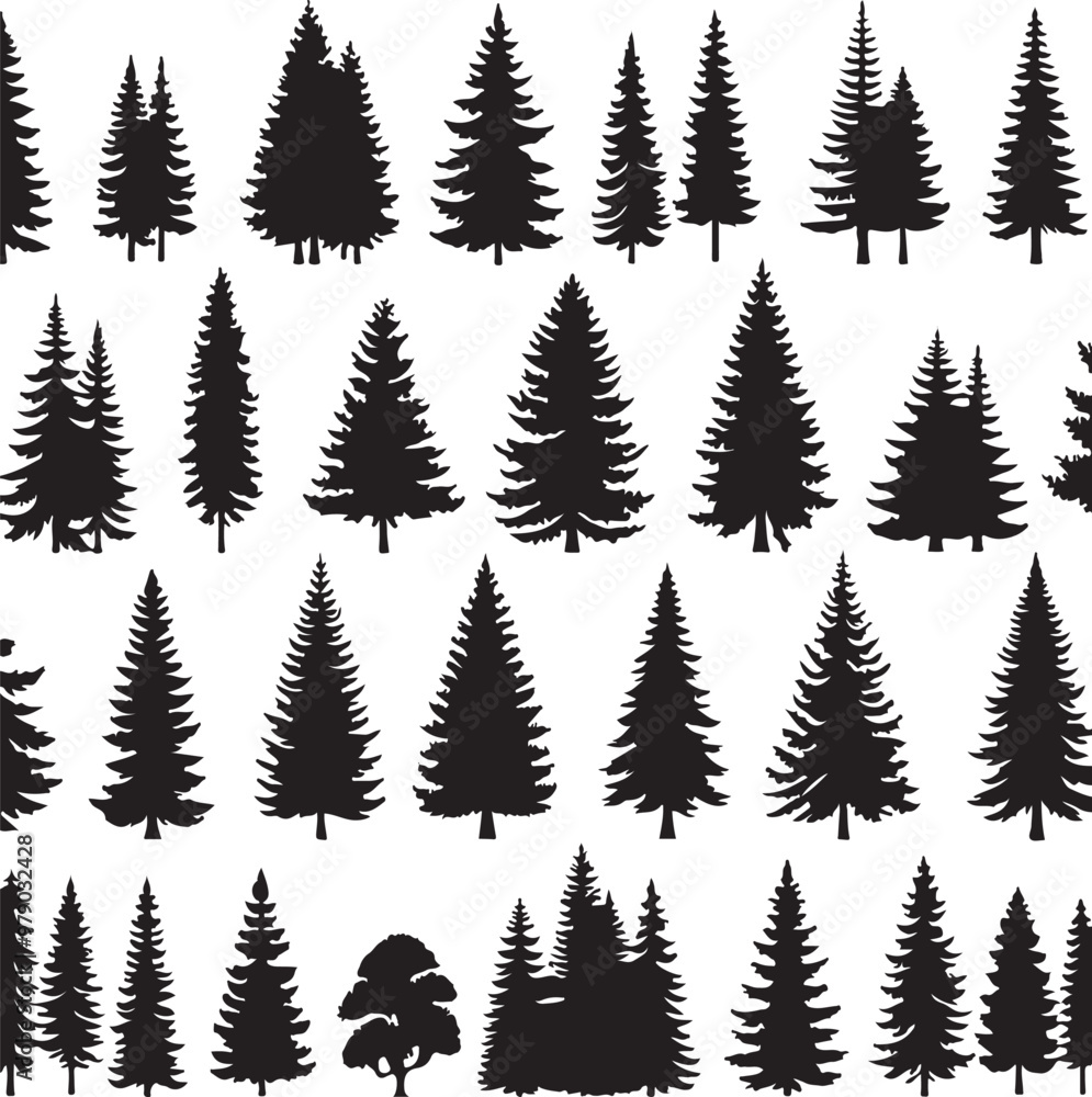 Fototapeta premium Pine Trres vector trees set. Tree icons are set in a modern flat style. Vector silhouette, graphic trees elements and landscape,generative ai,