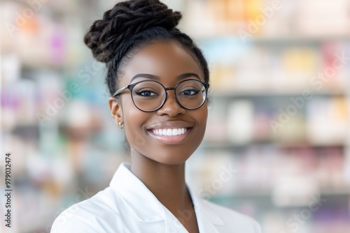 smiling black woman pharmacy worker wearing white uniform and hair in a bun, glasses, pharmacy in the background