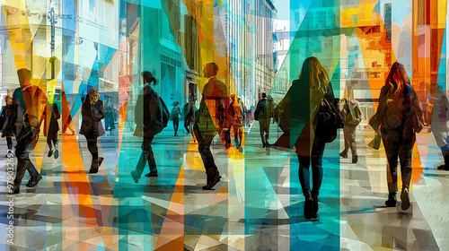 Colorful urban scene with silhouetted pedestrians.