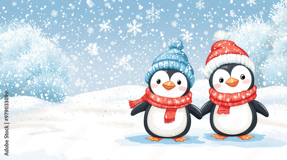 Adorable Penguins in Winter Hats with Snowflakes – Fun and Festive Scene Adorable Penguins in Winter Hats with Snowflakes – Fun and Festive Scene