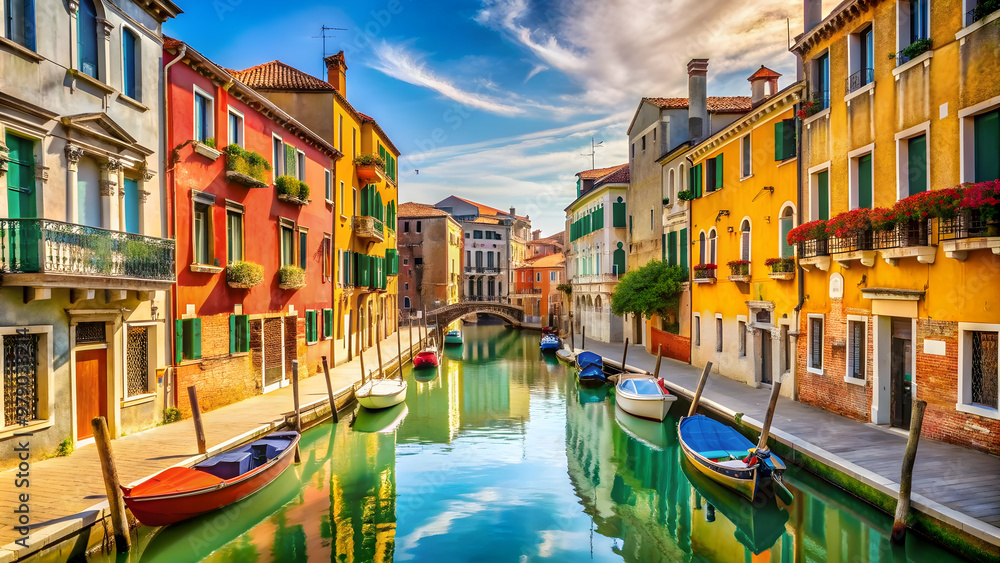 Obraz premium Venetian canal on a sunny summer day, surrounded by colorful buildings and gondolas, Venice, Italy, canal, water