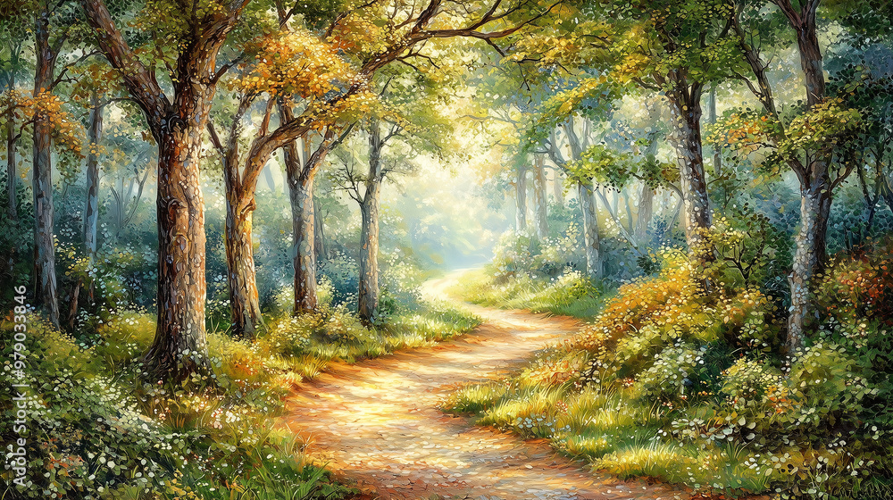 Serene forest path illuminated by soft sunlight Serene forest path illuminated by soft sunlight