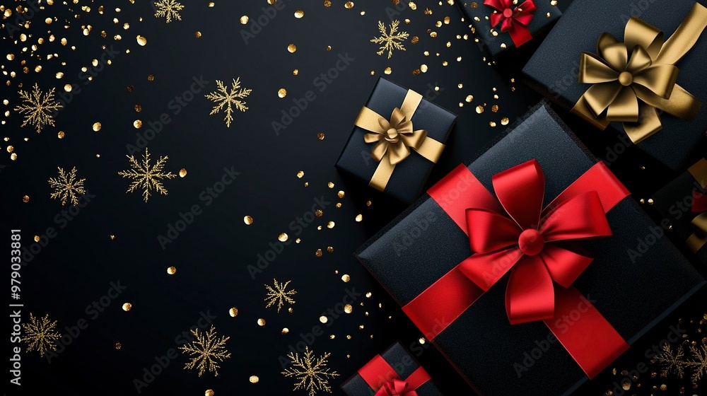 Black Friday Super Sale. Realistic black gifts boxes. 3d snowflake with glitter gold confetti, gift box with red bow. Dark background golden text lettering. Holiday banner, poster. generative ai Black Friday Super Sale. Realistic black gifts boxes. 3d snowflake with glitter gold confetti, gift box with red bow. Dark background golden text lettering. Holiday banner, poster. generative ai
