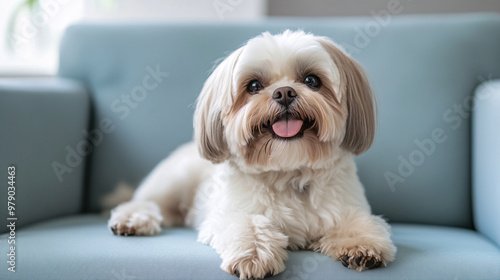 a cute dog sit on blue sofa, in the morning