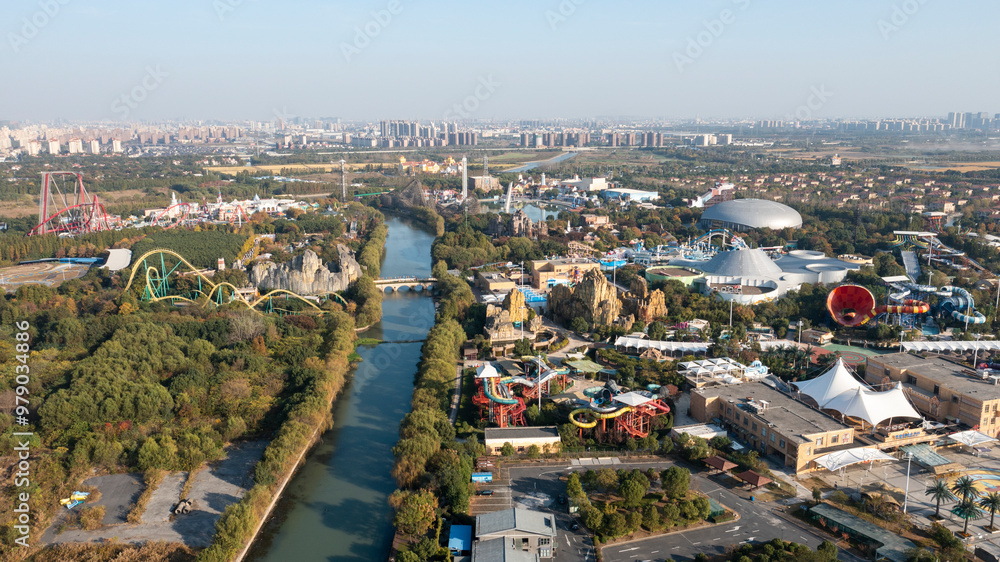 Aerial view of Songjiang Sheshan Hill with amusement park, river, and greenery, Songjiang District, People's Republic of China. Aerial view of Songjiang Sheshan Hill with amusement park, river, and greenery, Songjiang District, People's Republic of China.