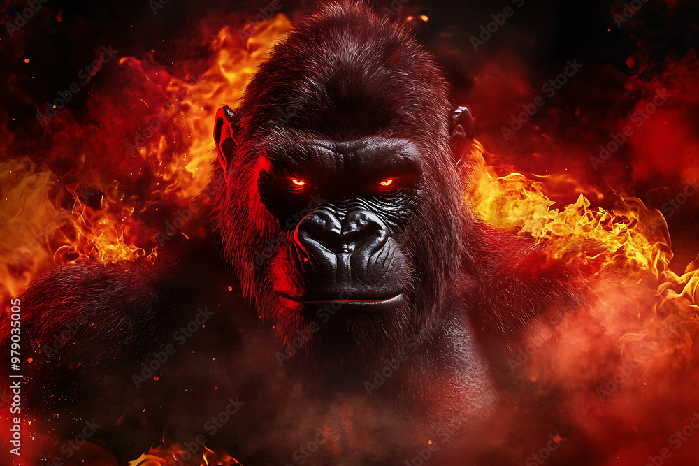 A fierce gorilla with glowing eyes amidst flames and smoke, conveying power and intensity.