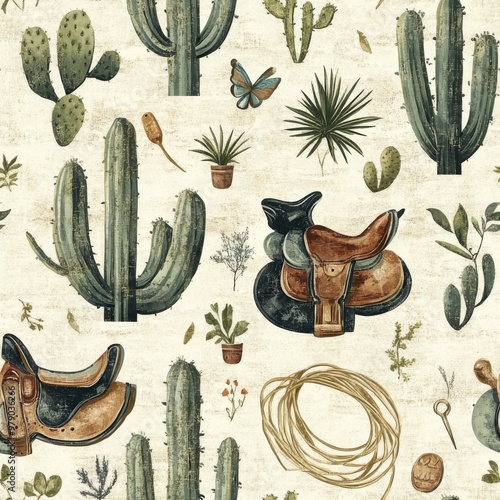A detailed western vintage seamless pattern showcasing iconic elements like horse saddles, lasso ropes, horseshoes, and cactus plants, arranged in a repeating design with faded, earthy colors