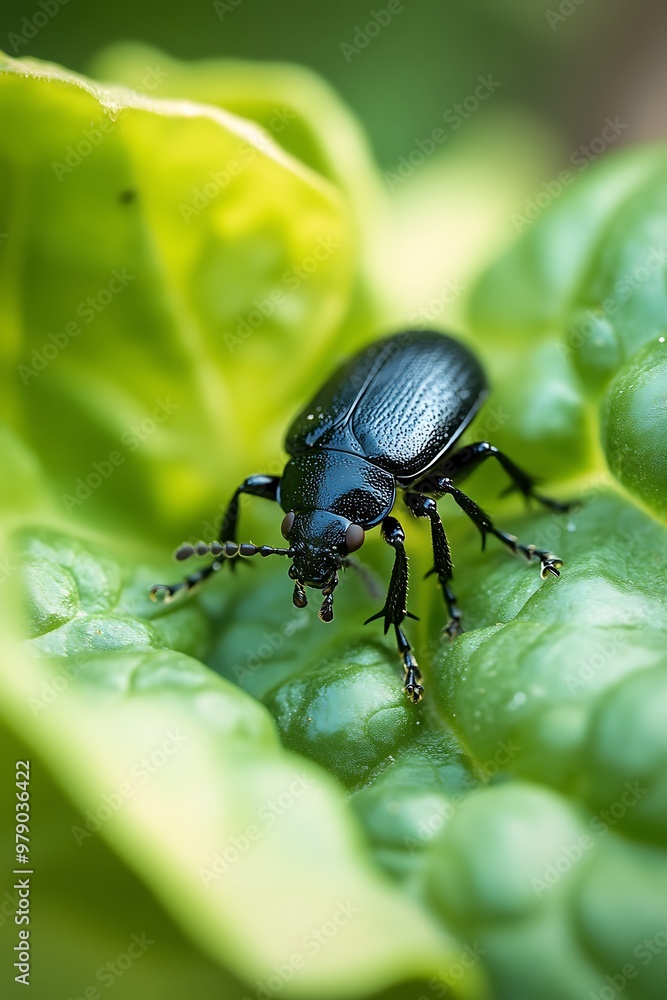 Naklejka premium A black beetle with long legs is perched on a green leaf.
