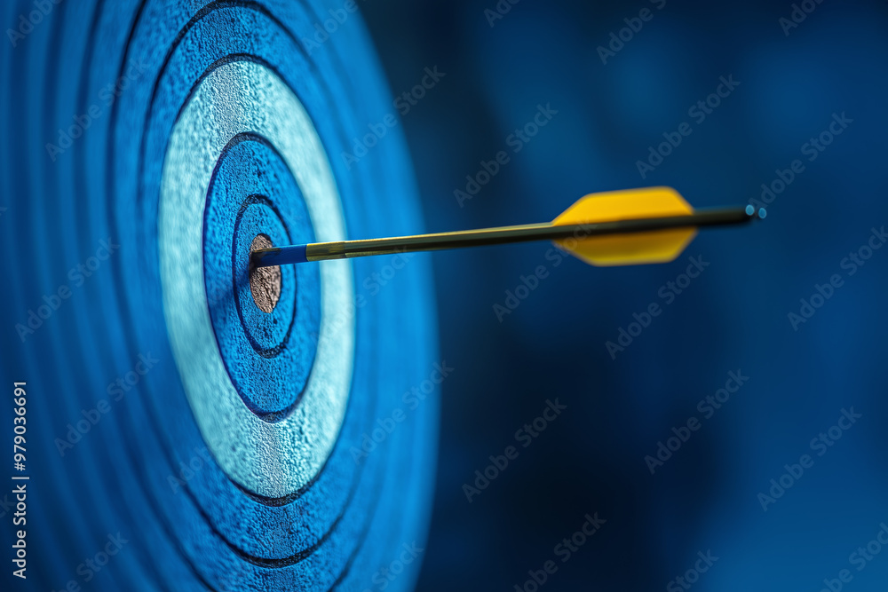 Arrow shot in bullseye of a blue target, strategy aim, business success, challenge performance Arrow shot in bullseye of a blue target, strategy aim, business success, challenge performance