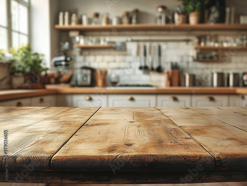 Empty wooden table on blurred kitchen background