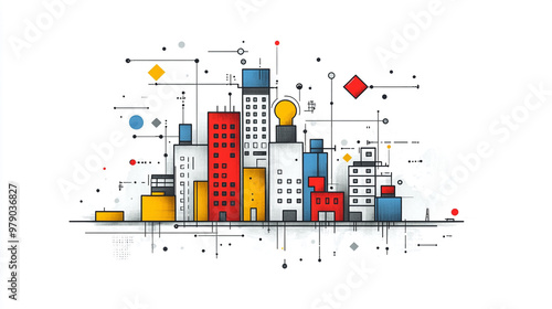 Colorful city skyline illustration with geometric shapes and modern architecture, representing urban design and creativity.