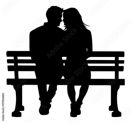 black silhouette of a couple in love sitting on a bench without background