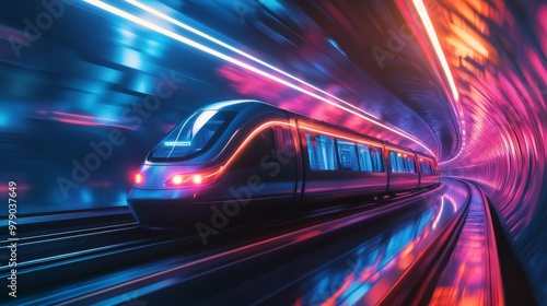 A futuristic train traveling through a vibrant, illuminated tunnel at high speed in an urban setting