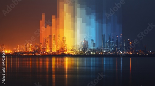 A vibrant city skyline reflected on water during twilight with colorful light patterns and industrial silhouettes