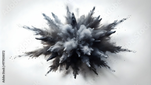 Black powder explosion against white background, artistic concept, black powder, explosion, white background, artistic