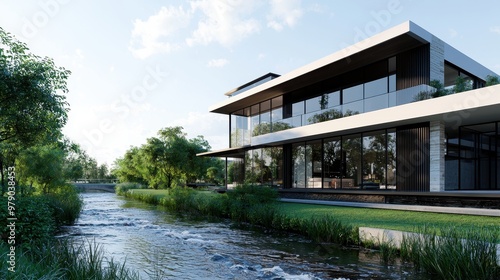 Modern Home with River View and Lush Greenery
