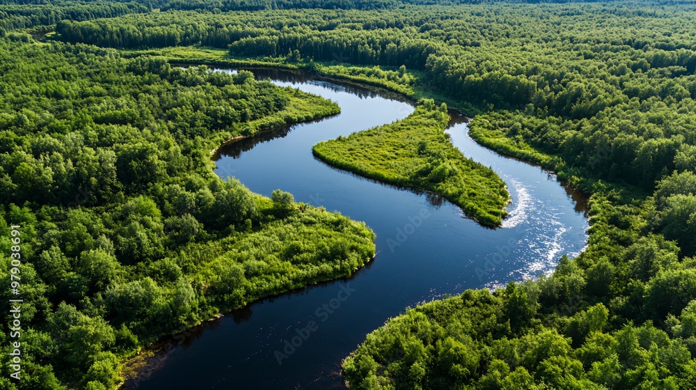 Aerial view of a winding river through a dense green forest. Aerial view of a winding river through a dense green forest.