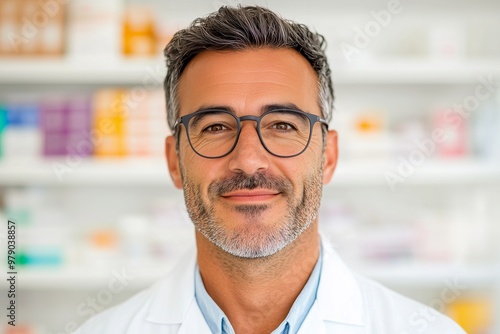 smiling 40 year old man pharmacy worker wearing white uniform, glasses, pharmacy in the background