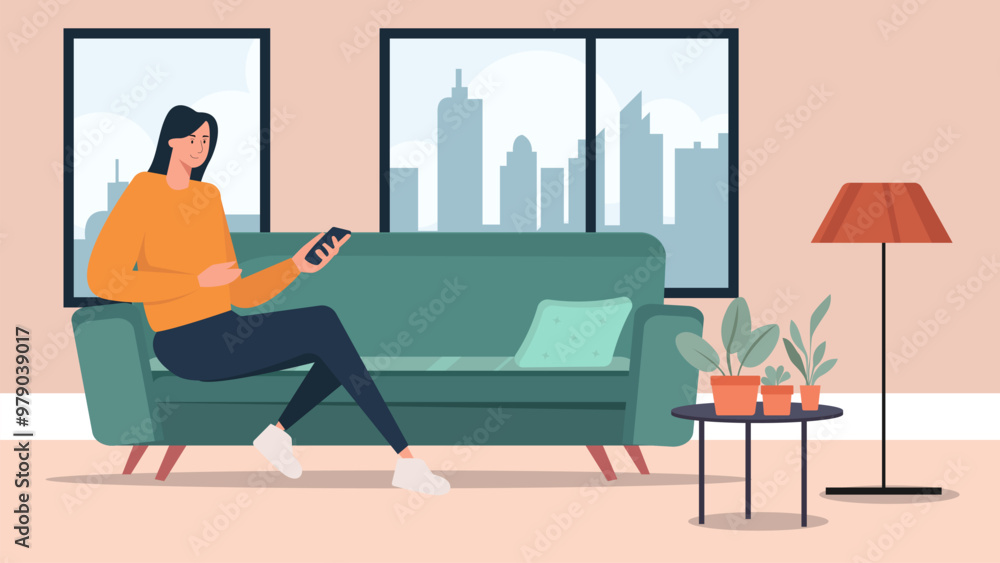 Women sitting on a sofa in a living room, using a mobile phone, with a city view visible through the window. Vector illustration design. Women sitting on a sofa in a living room, using a mobile phone, with a city view visible through the window. Vector illustration design.