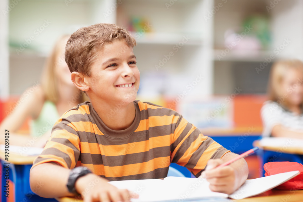 Writing, happy and child in class with books for learning, education and lesson for development. Primary school, academy and boy with stationery for test, creativity and assignment for knowledge Writing, happy and child in class with books for learning, education and lesson for development. Primary school, academy and boy with stationery for test, creativity and assignment for knowledge