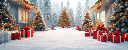 Snowy Christmas scene with decorated trees and red gift boxes outside cozy houses, creating a festive holiday atmosphere.