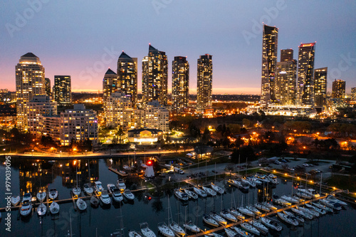 Aerial view of etobicoke city skyline with modern buildings and marina at sunset, etobicoke, canada. photo