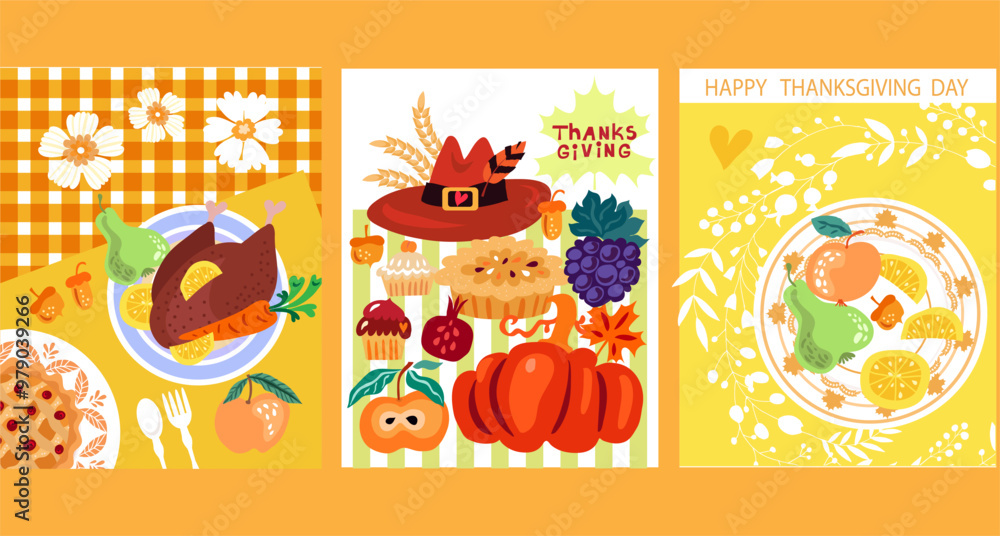 Fototapeta premium Happy Thanksgiving day template autumn Holiday design family dinner postcard with Turkey; pie, pumpkin, fruit, food Vector cute illustration
