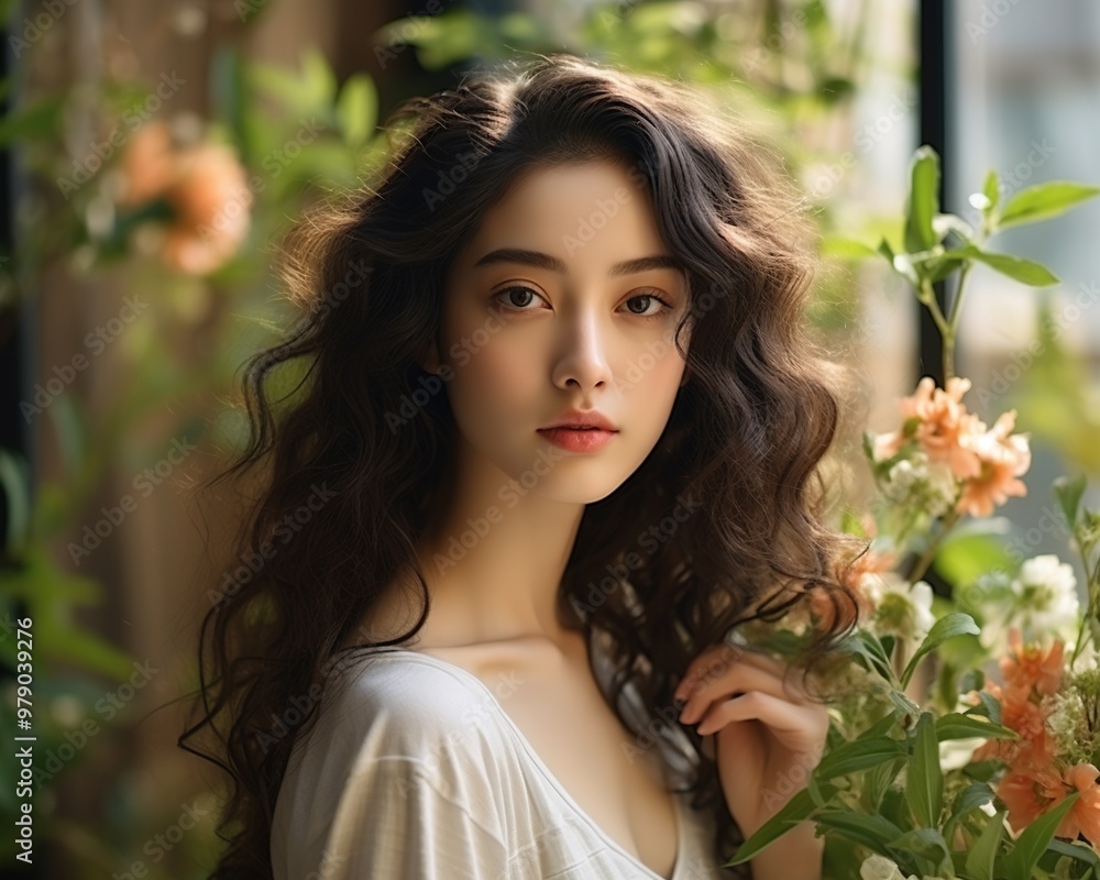 Beauty portrait of asian young woman in blooming garden Beauty portrait of asian young woman in blooming garden