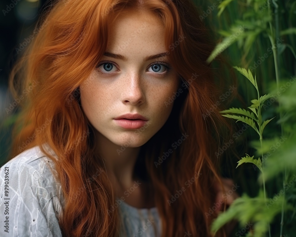 Beauty portrait of red haired girl with freckles on background of green leaves Beauty portrait of red haired girl with freckles on background of green leaves