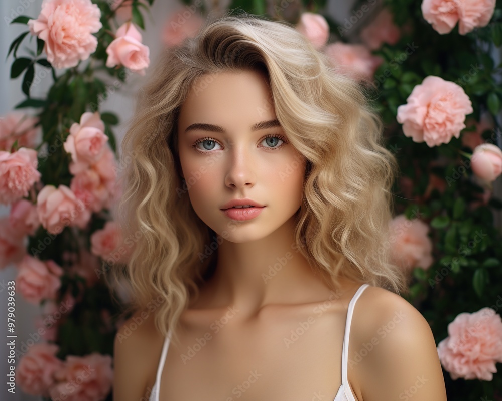 Fototapeta premium Beauty portrait of a young blonde woman on a background of pink roses