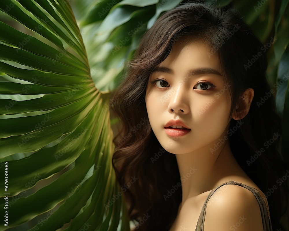 Beauty portrait of a young Asian woman on a background of green plants Beauty portrait of a young Asian woman on a background of green plants