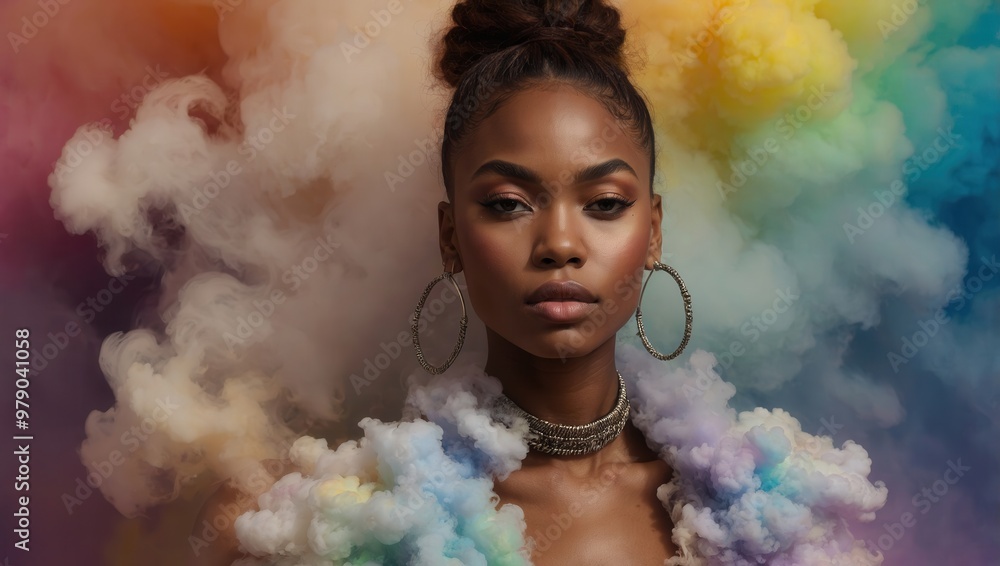 Tattooed woman with dark lipstick and colorful smoke behind her head Tattooed woman with dark lipstick and colorful smoke behind her head